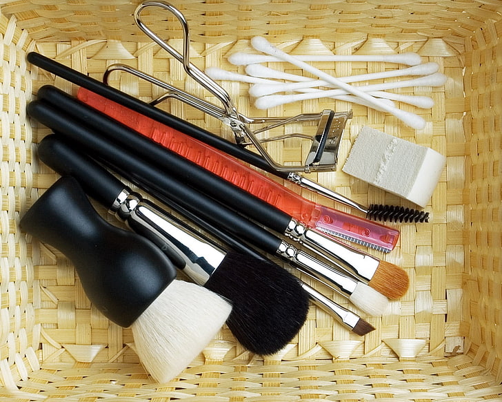 black makeup brush kit, cosmetics, set, work Tool, equipment, HD wallpaper