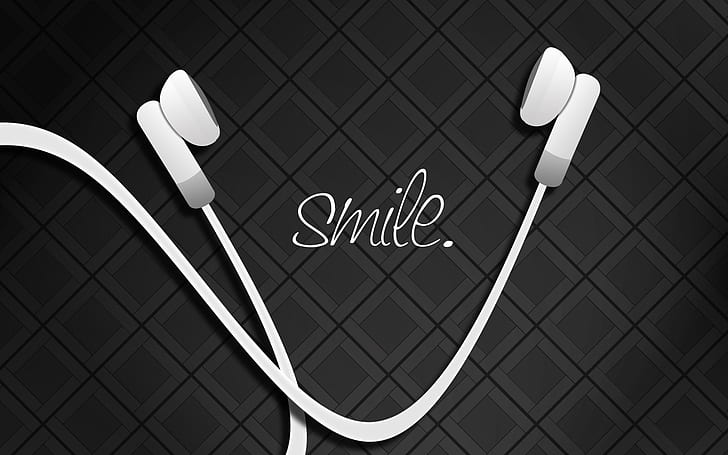 Smile Headphones HD, white earphones illustration, music