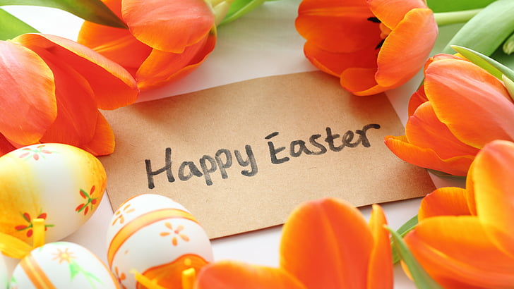 Happy Easter Egg text with brown print paper surrounded of orange tulip flowers, HD wallpaper