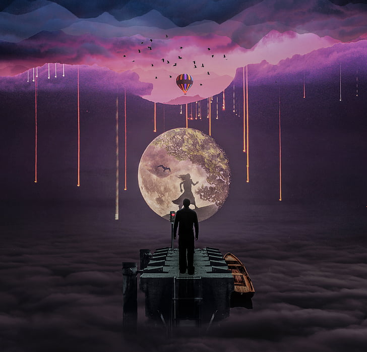 Dream girl, Starry sky, Moon, Hot air balloon, Clouds, Purple, HD wallpaper