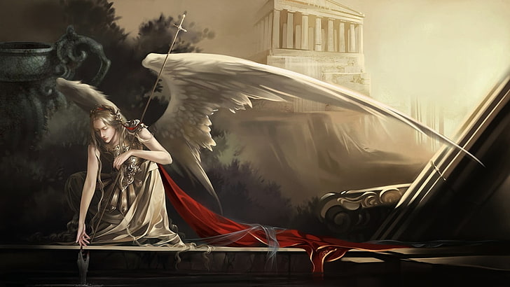 angel crouching painting, temple, fantasy art, Athena, architecture, HD wallpaper