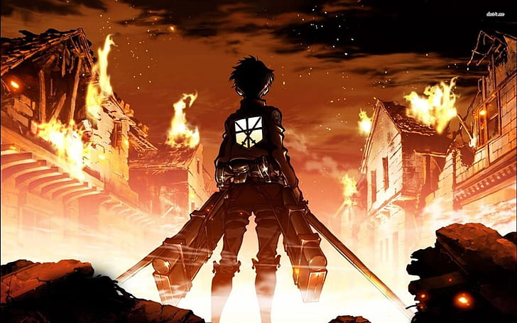 Eren Jeager, Attack on Titans, Shingeki no Kyojin, fire, HD wallpaper