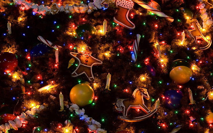lighted Christmas tree, holiday, Christmas ornaments , decoration