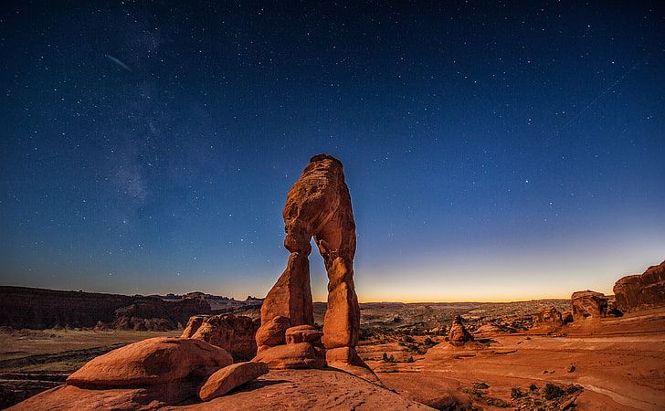 Delicate Arch landmark, United States, Utah, Travel, Night, Stars