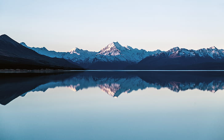 mountains, lake, reflection, clean sky, snow, Landscape