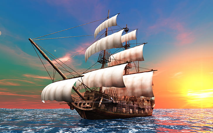 sailing ship, sea, sunset, retouching, digital art, HD wallpaper