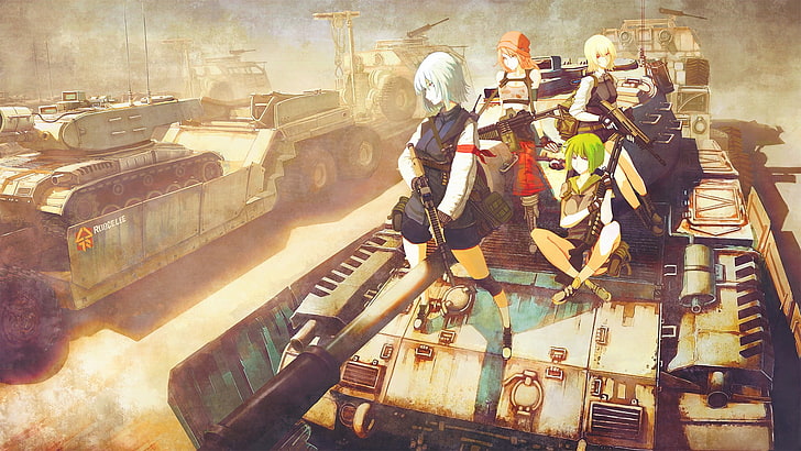 anime, anime girls, military, tank, weapon, original characters, HD wallpaper