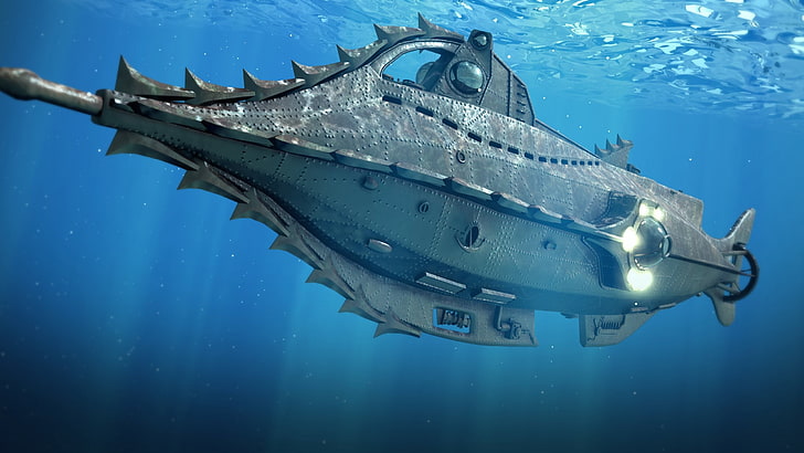 gray submarine, digital art, fantasy art, underwater, sea, sun rays
