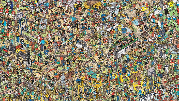 finding Waldo game illustration, puzzles, Where's Wally, multi colored