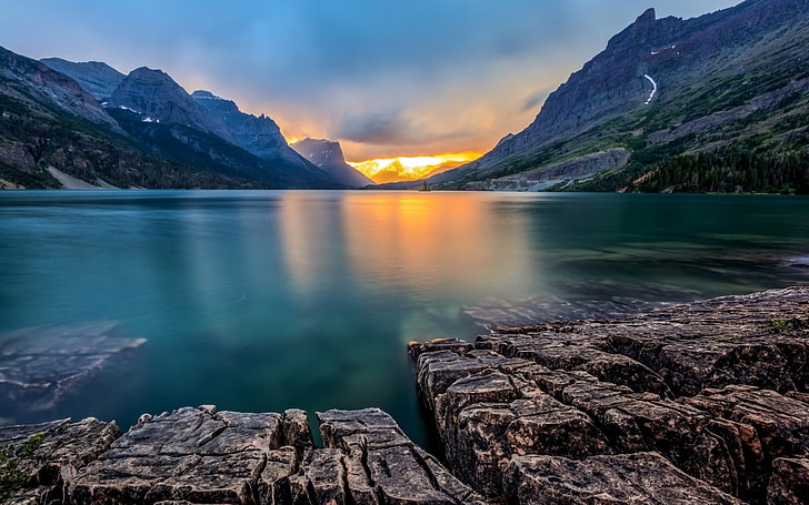 body of water, nature, landscape, lake, sunset, Saint Mary Lake, HD wallpaper