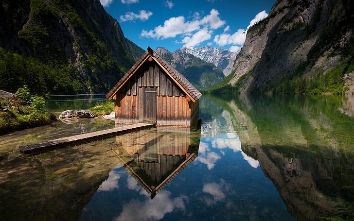 nature, lake, cabin, landscape, obersee lake, HD wallpaper