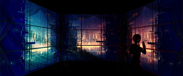 artwork, anime, futuristic, city, window, panoramas, futuristic city