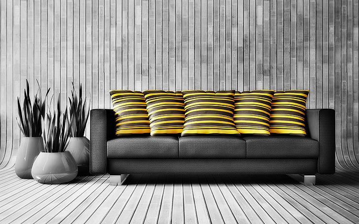 gray fabric couch and five yellow throw pillows, sofa, furniture, HD wallpaper