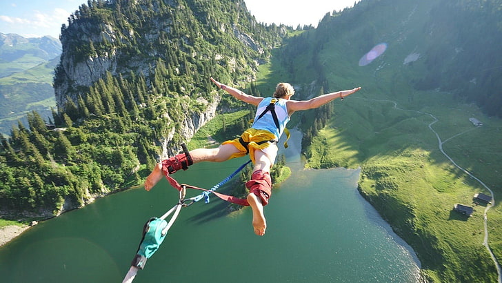 jumping, sport, sports, men, athletes, nature, lake, adventure, HD wallpaper