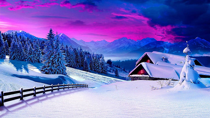 snowy, winter, blue, nature, sky, freezing, house, mountain range, HD wallpaper
