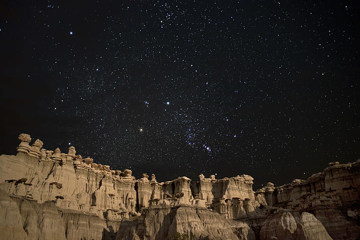 mountains under starry night, Orion, Rises, photography, Badlands