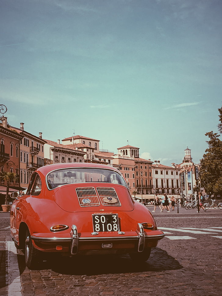 red car, porsche, retro, italy, verona, mode of transportation