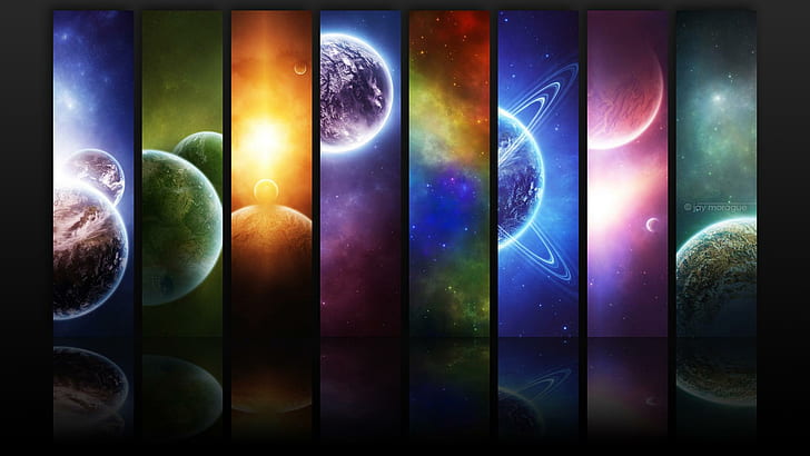 Infinity HDTV 1080p, blue, grene, orange, purple, pink and gray seven planets illustration, HD wallpaper