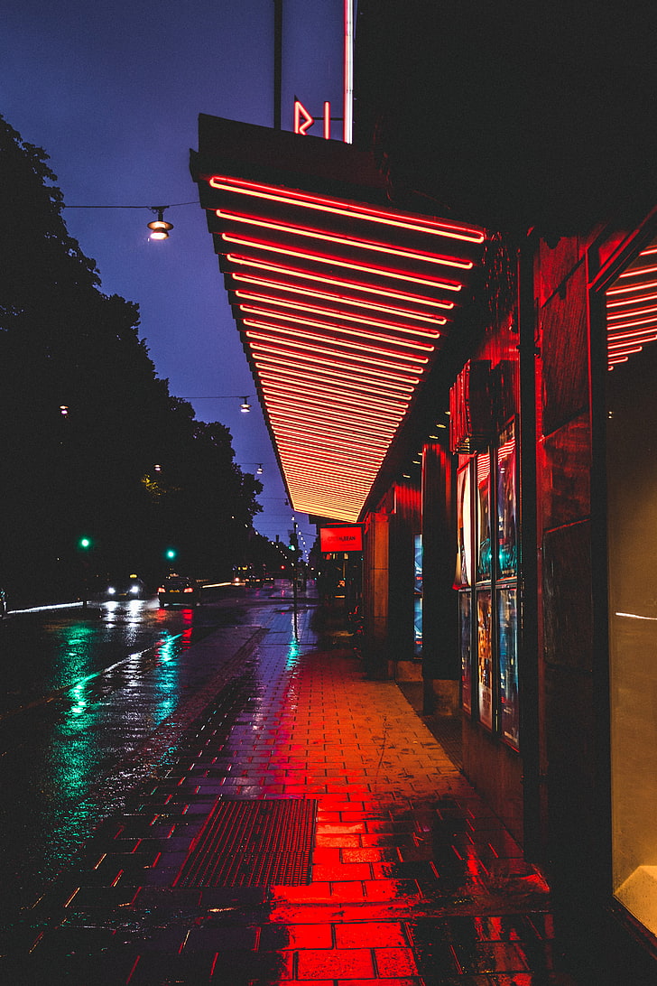 red neon light, street, night, city lights, buildings, tile, road