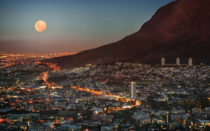 Moon, mountains, city, Cape Town, 3 Disa Towers, HD wallpaper