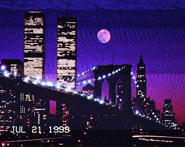 Twin Towers, World Trade Center, New York City, vaporwave, built structure