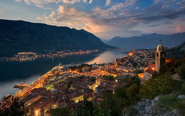 Montenegro, evening, bay, city, mountains, houses, lights