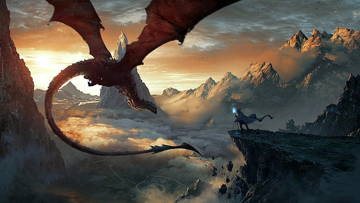 red dragon illustration, fantasy art, sky, cloud - sky, nature, HD wallpaper