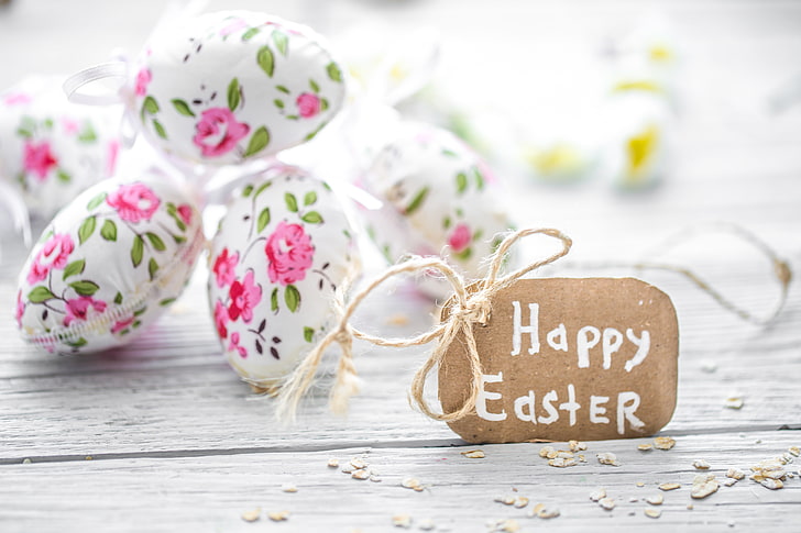 Happy Easter!, egg, deco, flower, white, pink, card, HD wallpaper