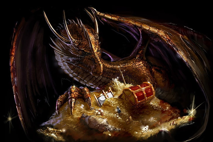 brown dragon and treasure illustration, gold, fantasy art, close-up