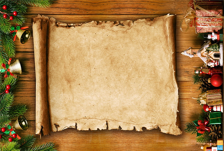 brown scroll, decoration, paper, tree, frame, New Year, Christmas, HD wallpaper