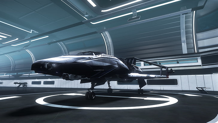 black aircraft near gray wall, Star Citizen, video games, digital art