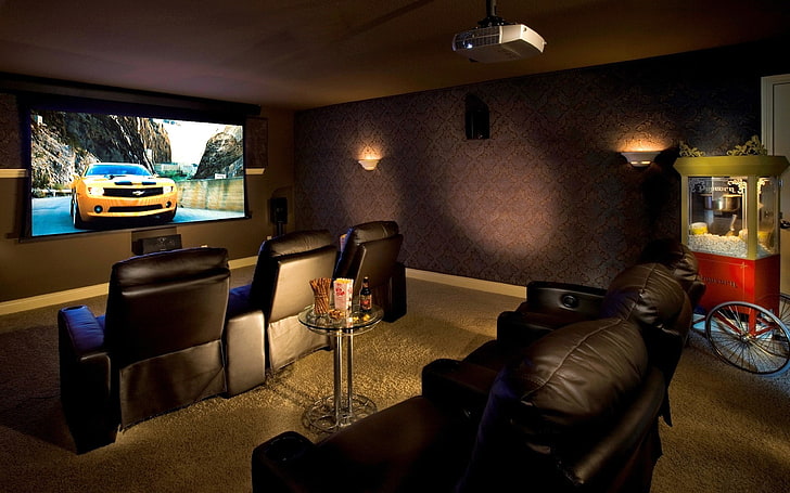 turned on flat screen TV inside brown cinema room, home cinema, HD wallpaper