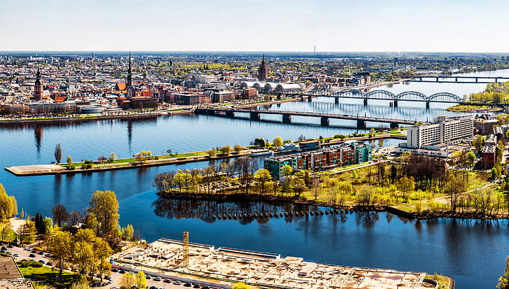landscape, river, home, panorama, bridges, Riga, Latvia