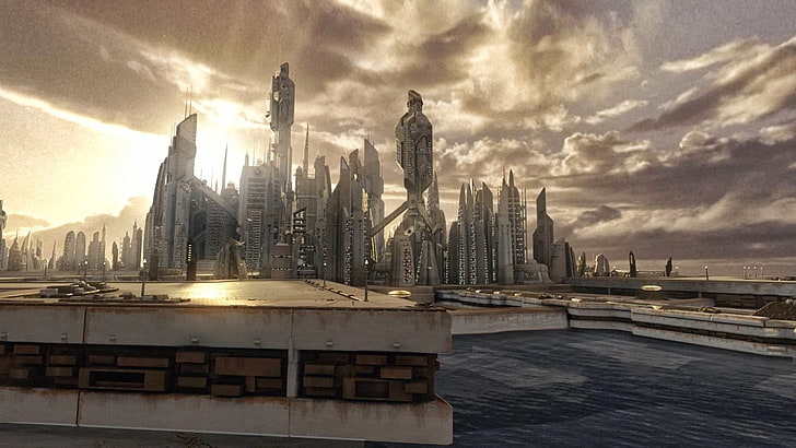 white concrete building, Stargate, Atlantis, futuristic city