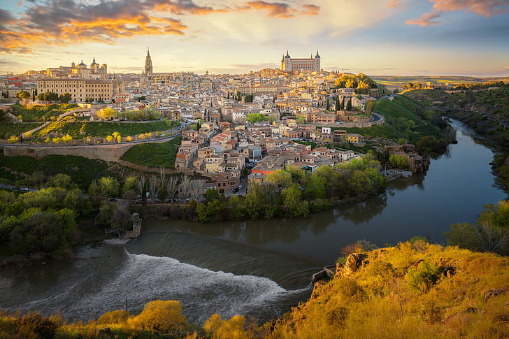 river, building, home, panorama, Spain, Toledo, Tagus River, HD wallpaper