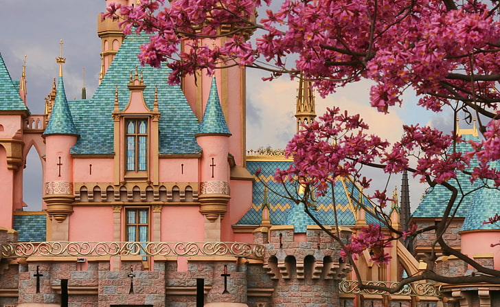 Castle Springtime, pink and blue castle, Architecture, Seasons/Spring