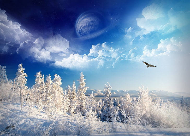 artwork of snow field, winter, space art, landscape, nature, sky