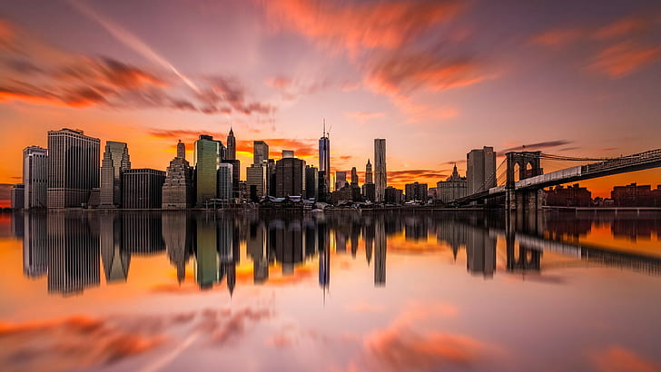 cityscape, urban, New York City, reflection, sunset