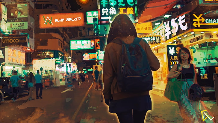 blue backpack, Alan Walker, digital art, music, artwork, city