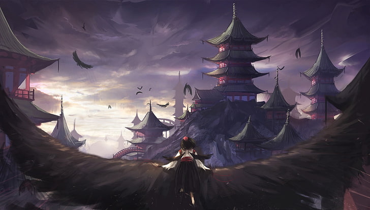 illustration of building, anime, artwork, Touhou, sky, nature, HD wallpaper