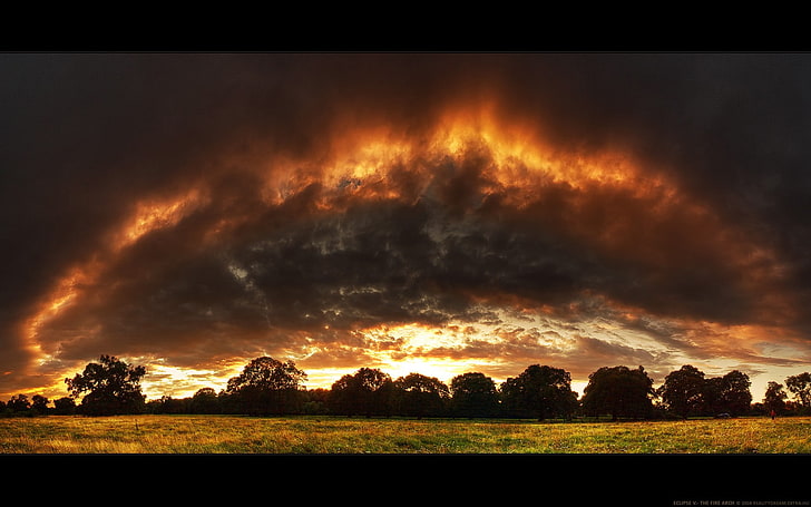 landscape, sunset, clouds, field, nature, cloud - sky, burning, HD wallpaper