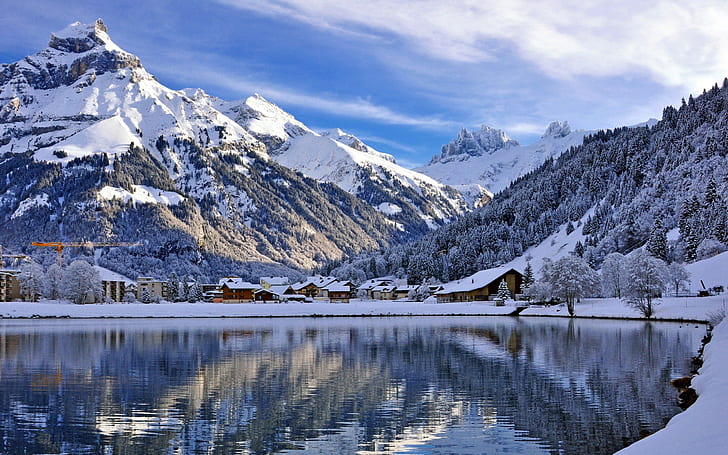 landscape, mountains, lake, snow, Switzerland, nature, water