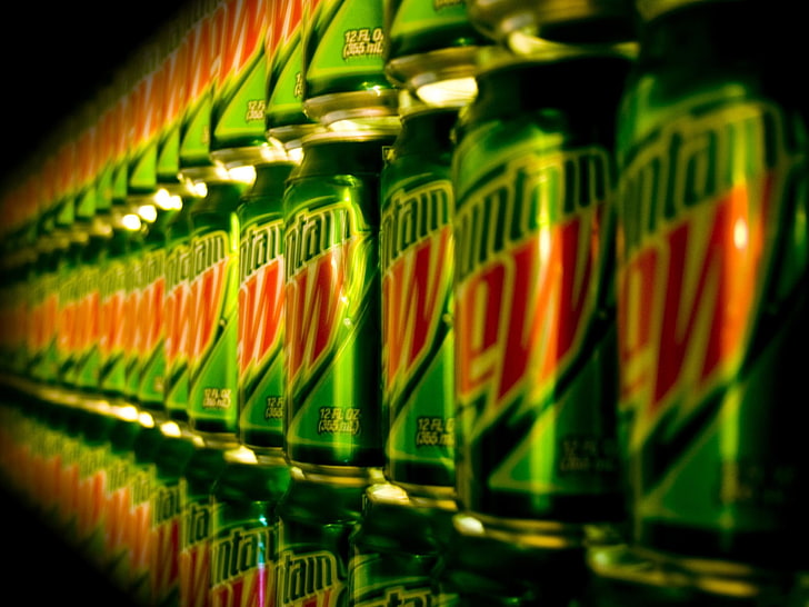 Mountain Dew, can, in a row, order, indoors, large group of objects