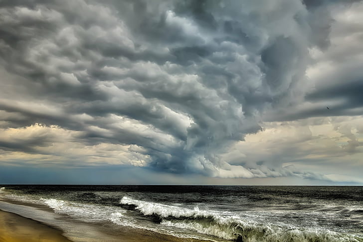 cloudy sky above wavy sea, Seaside Park, Sony RX100 III, HDR, HD wallpaper