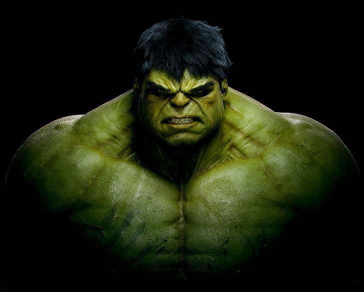 Hulk, green, black background, studio shot, one person, front view