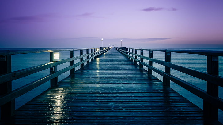 sea, pier, horizon, ocean, sky, purple sky, calm, dusk, dock, HD wallpaper