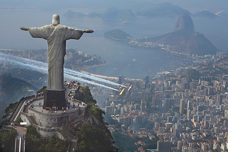 Rio de Janeiro, statue, Christ the Redeemer, contrails, aerial view, HD wallpaper