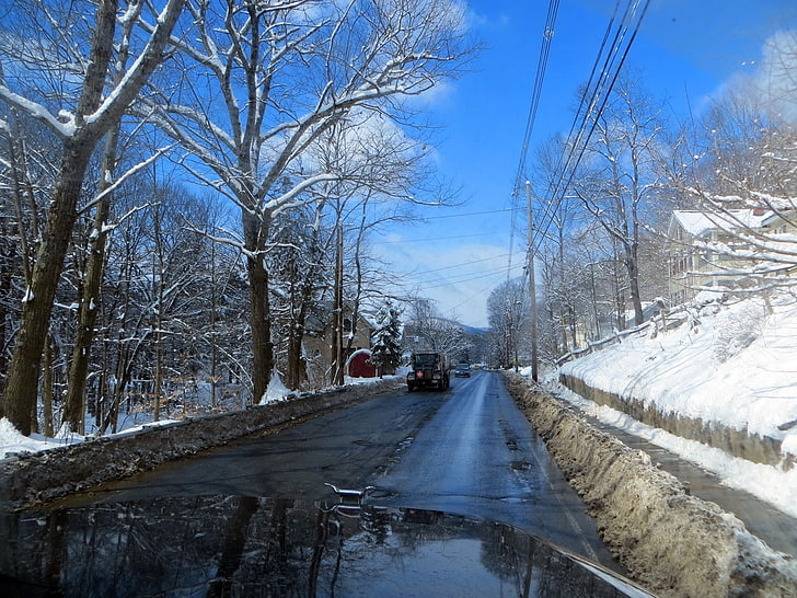 snow, Vermont, winter, nature, snowy mountain, Truck, car, vans, HD wallpaper