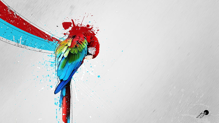 scarlet macaw painting, artwork, parrot, paint splatter, macaws, HD wallpaper