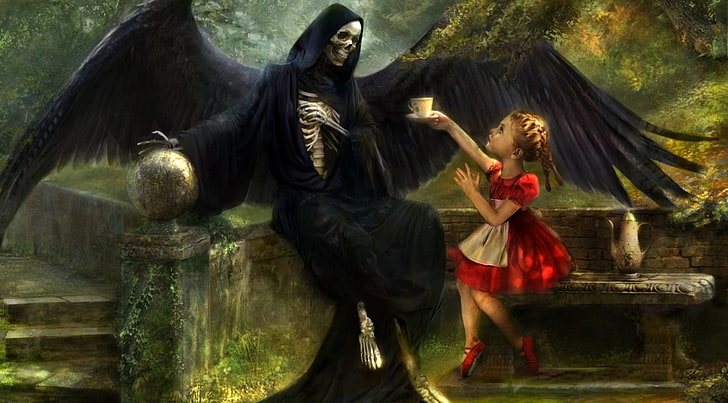 grim reaper and girl painting, artwork, fantasy art, death, tea, HD wallpaper